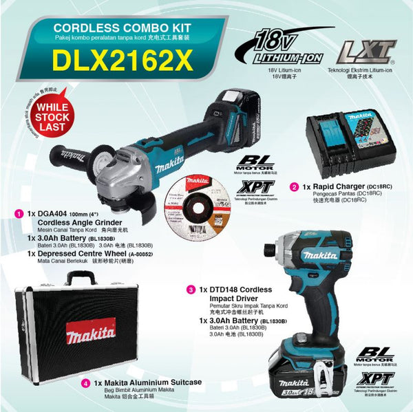 MAKITA CORDLESS COMBO KIT DLX2162X (DTD148 & DGA404) 18V