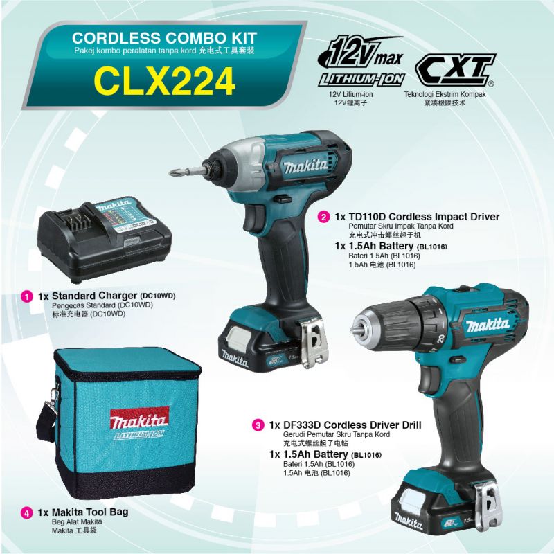 MAKITA CORDLESS COMBO KIT CLX224 (TD110D & DF333D) 12Vmax