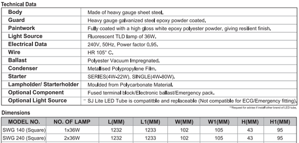 sj lite Vandal Proof Batten - Square - SWG 140 (Square) (T8)