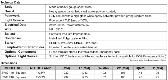 sj lite Vandal Proof Batten - Square - SWG 140 (Square) (T8)